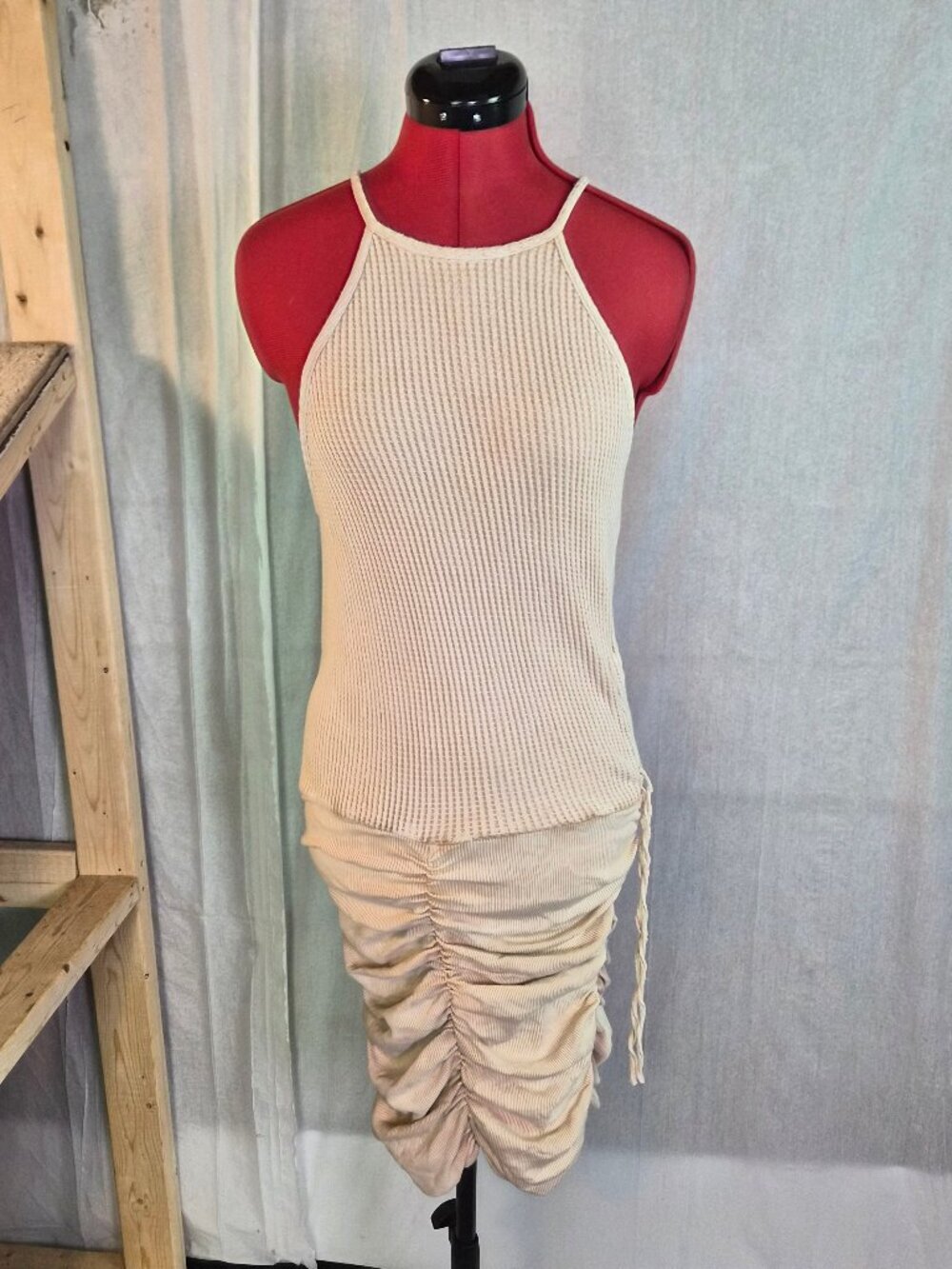 Free People FP One Dress Tank Beige Size XS Ruched Bottom Knee Length F801